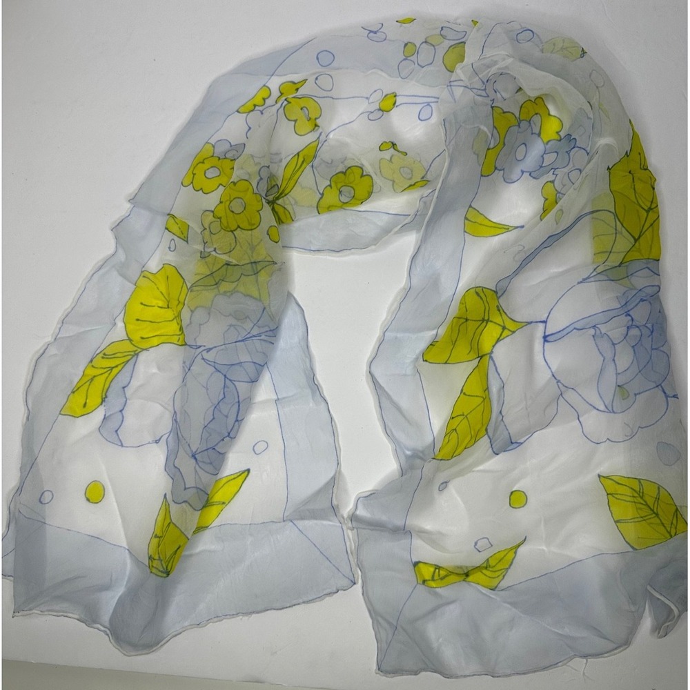 Vintage Burmel Sheer Scarf Yellow Flowers Rolled Edges Chiffon Japan